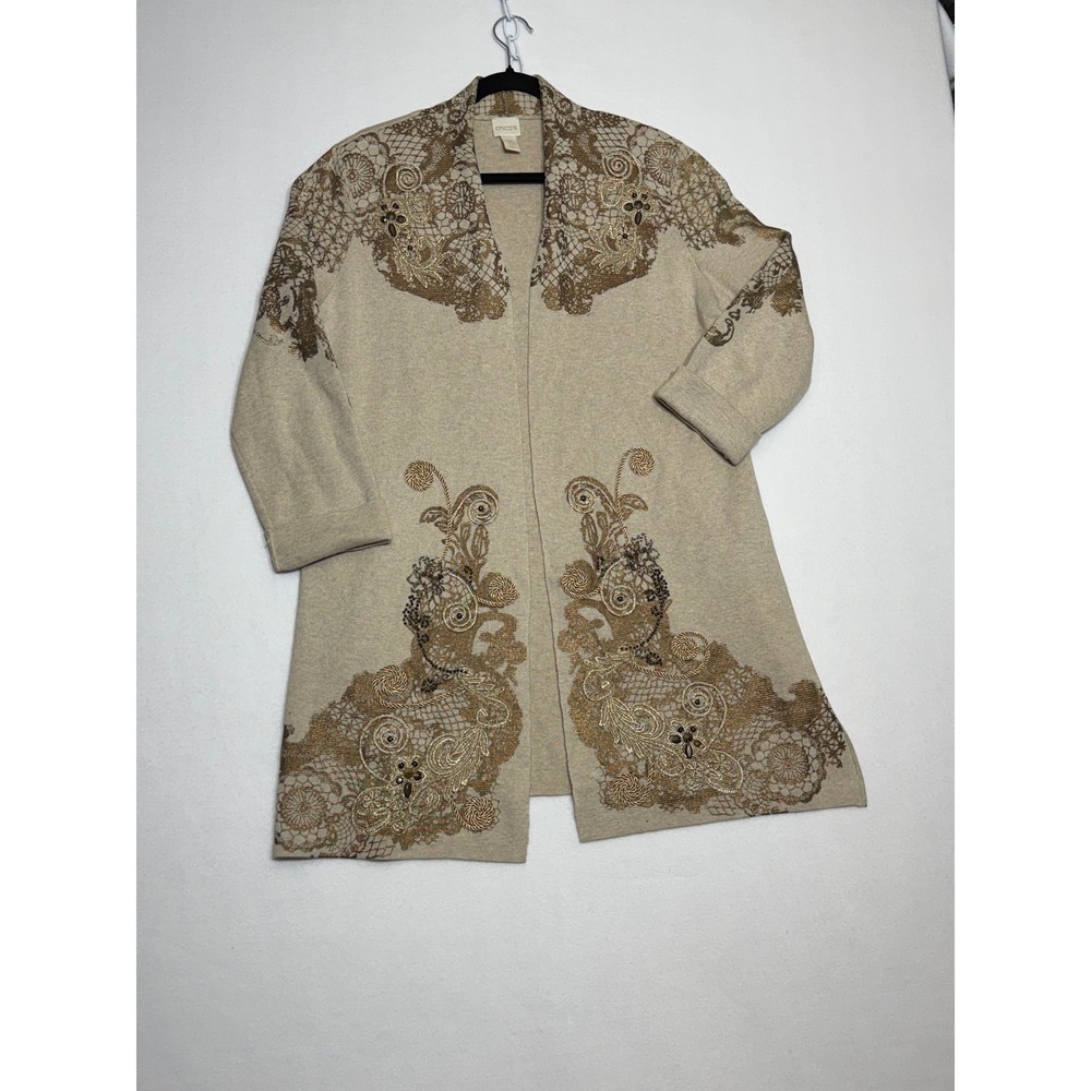 Chicos Open Front Cardigan Beige Gold Metallic Lace Embroidered Beaded Size 2 L
